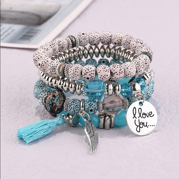 Love Wings Tassel Multilayer Bracelet Turquoise -4pcs Beaded Bracelet - Picture 1 of 4